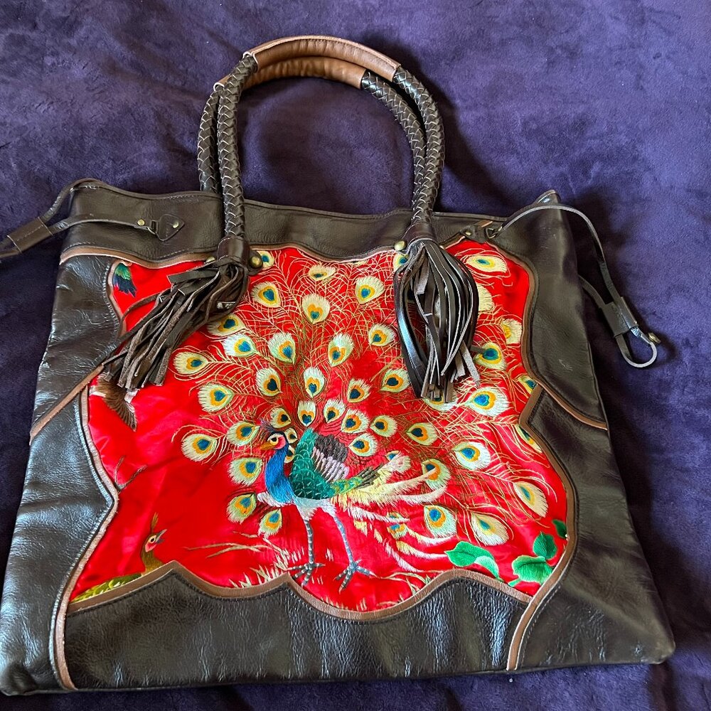 Extra Large Tote with a Beautiful Embroidered Peacock on Red Silk